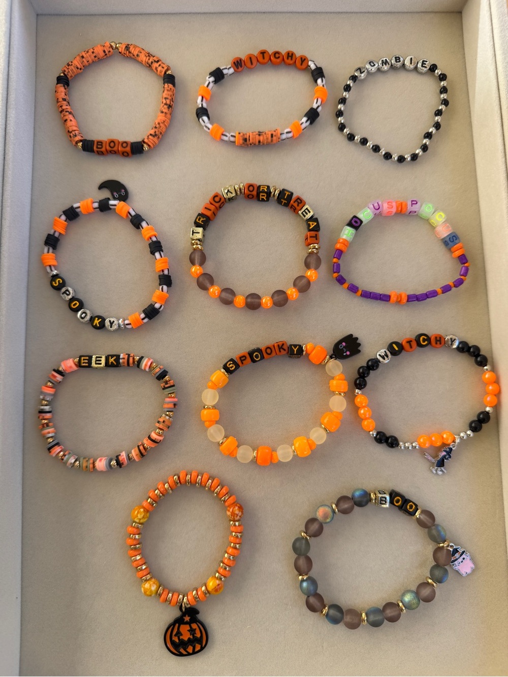 Handmade Halloween Beaded Bracelets Orange/Black stretch charms